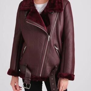 Commonsense burgundy shearling lined moto jacket
